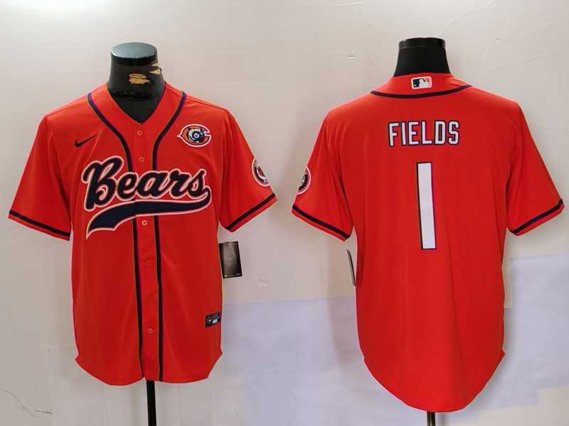 Men%27s Chicago Bears #1 Justin Fields Orange Throwback With Patch Cool Base Stitched Baseball Jersey->chicago bears->NFL Jersey